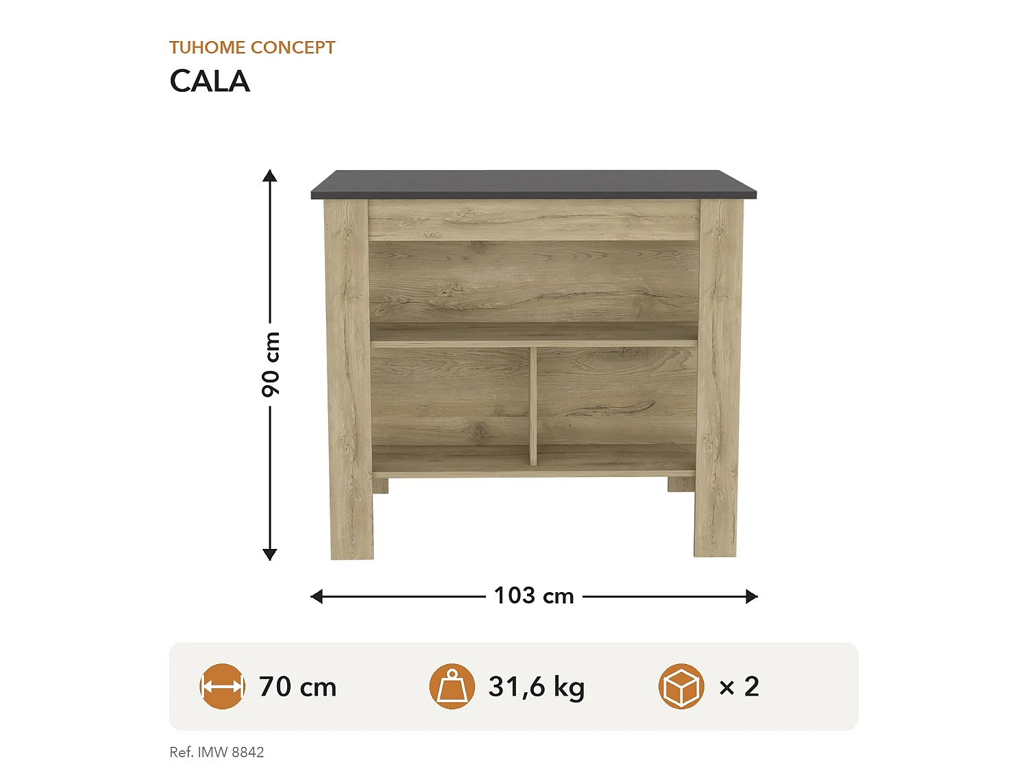 Isola da cucina Cala da 103 cm, macadamia e wengé