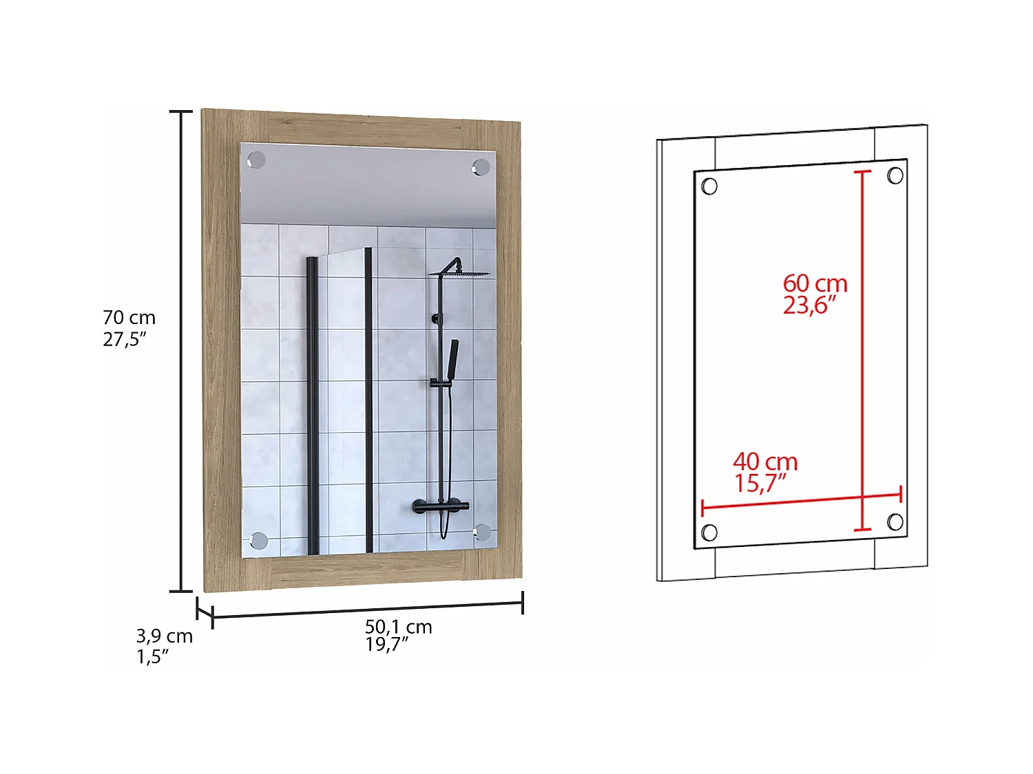 Espejo de Baño Vanguard con forma rectangular Rovere , 70 cm  X 50.2 cm  X 3.9 cm  , Gris / plata