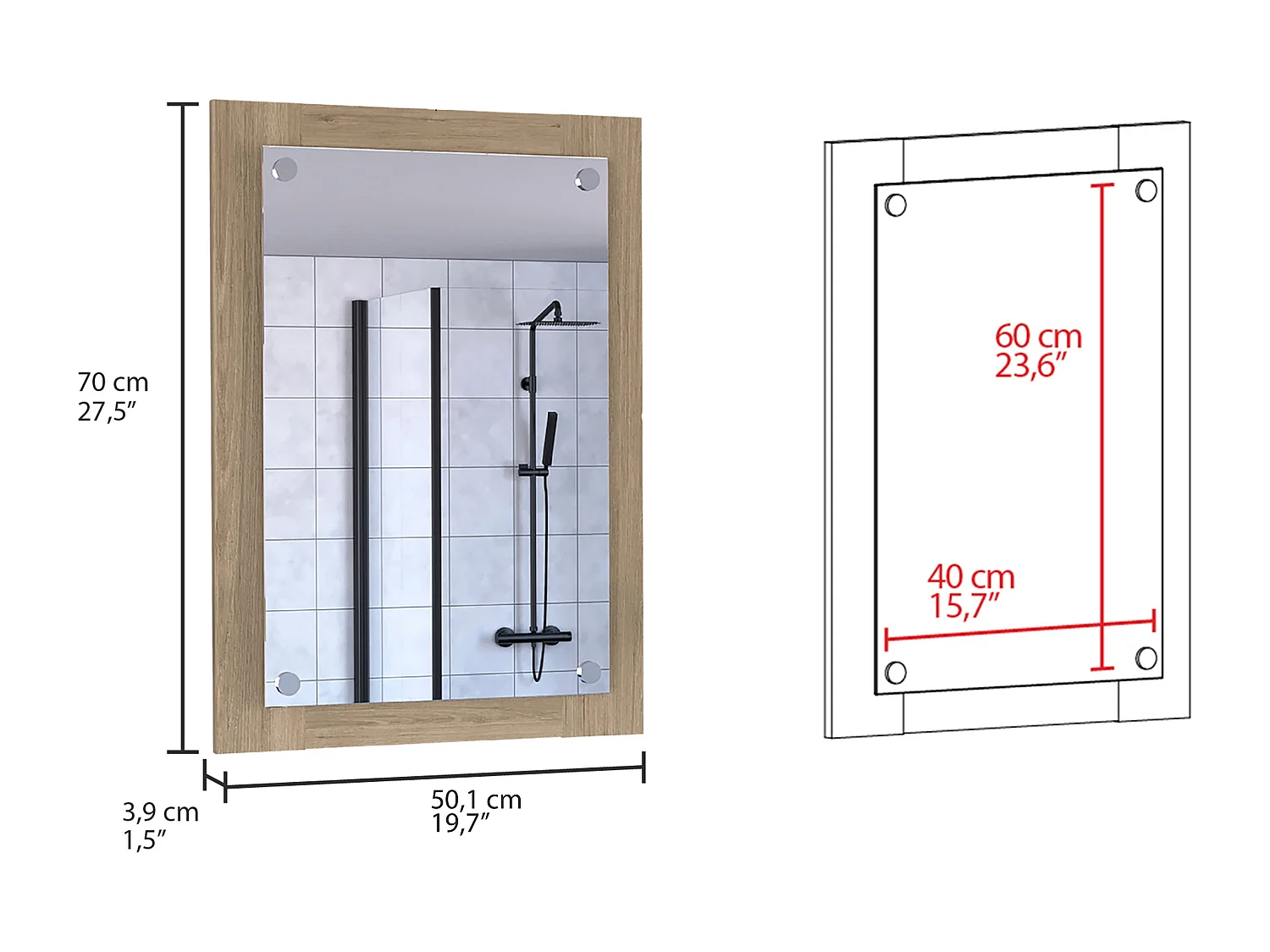 Vanguard Miroir de salle de bain de forme rectangulaire Rovere , 70 cm X 50.2 cm X 3.9 cm , Gris / argenté