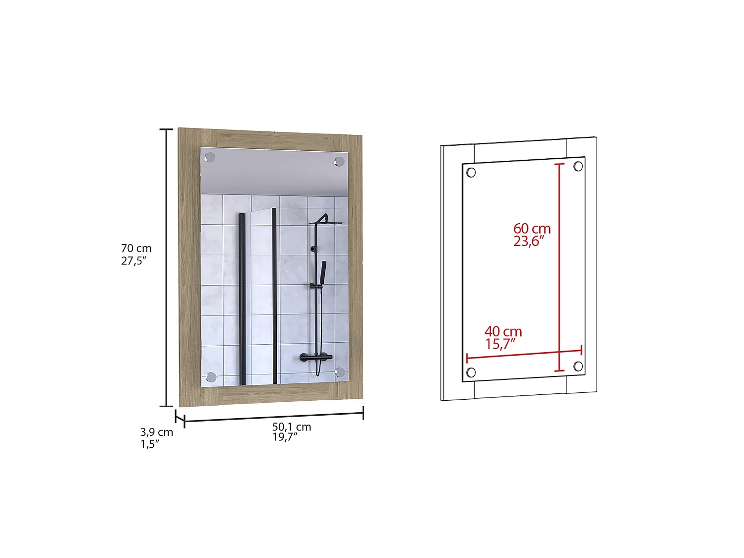 TUHOME CONCEPT Espejo de baño Vanguard de 50 cm, roble claro