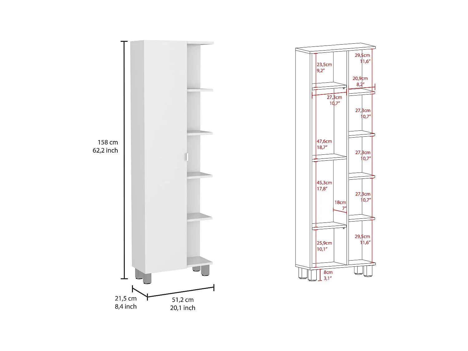 Mobile da bagno angolare Urano con 5 ripiani, 157.98 cm X 51.18 cm X 21.46 cm , Bianco