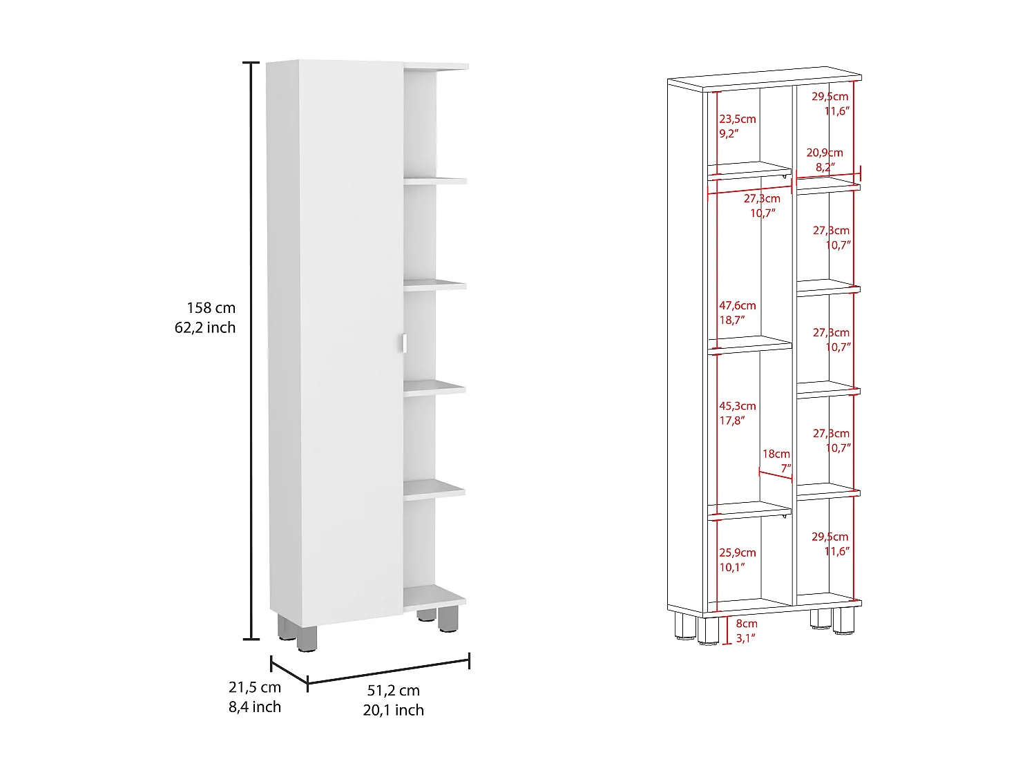Mobile da bagno angolare Urano con 5 ripiani, 157.98 cm X 51.18 cm X 21.46 cm , Bianco