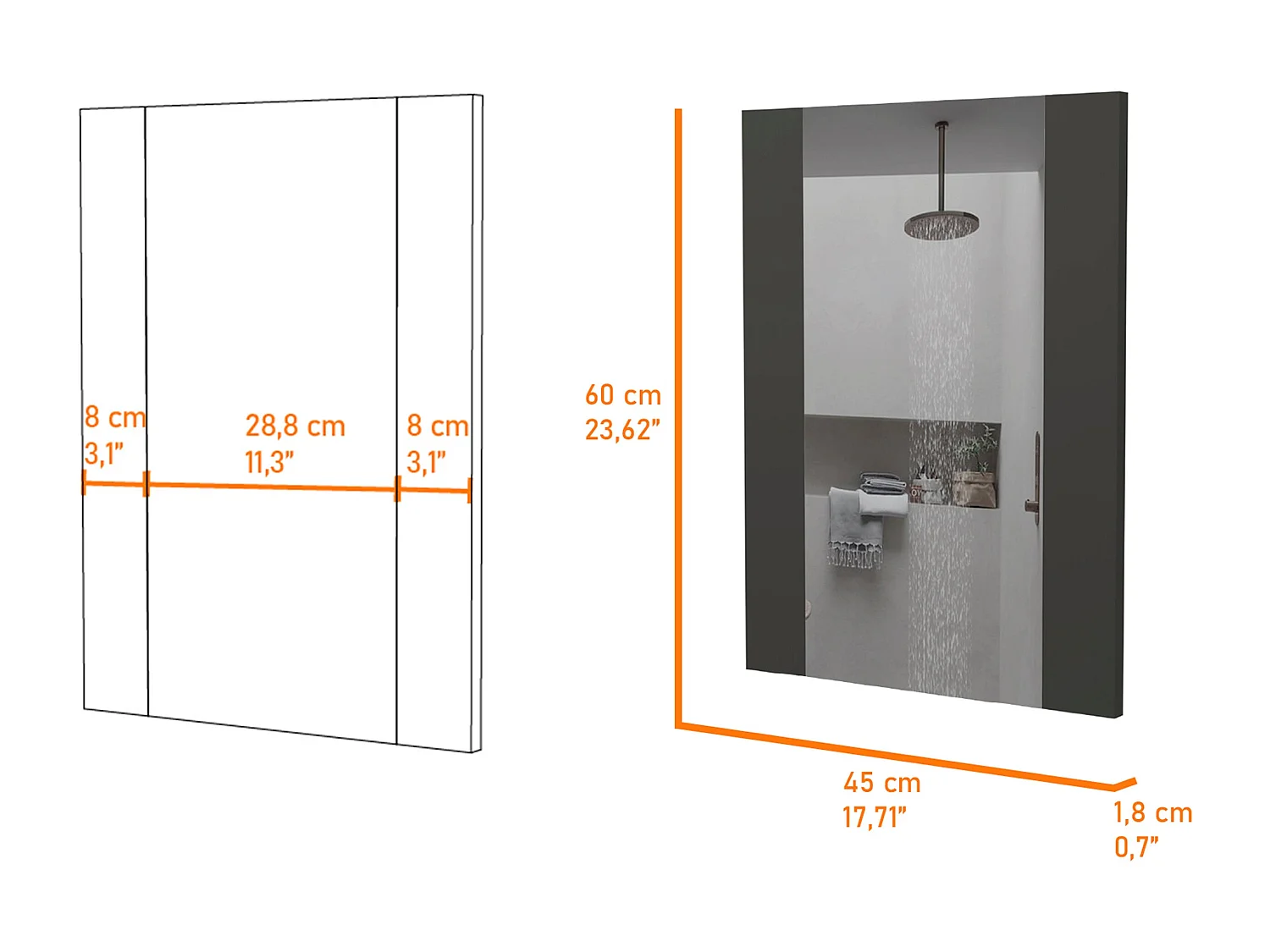 Specchio da bagno Madrid. rettangolare. 60 cm a x 1,8 cm P x 45 cm L. Nero
