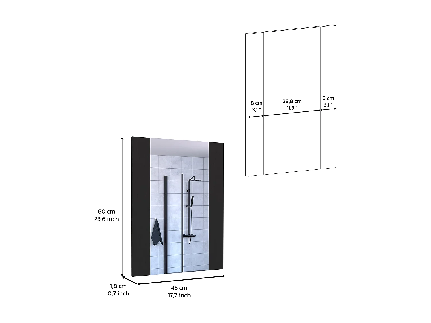 Specchio da bagno Madrid. rettangolare. 60 cm a x 1,8 cm P x 45 cm L. Nero