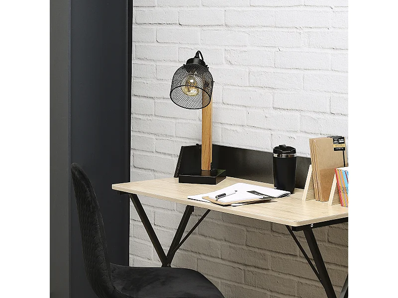 Lampe A Poser Grille Metal Noir Bois Noir, Marron
