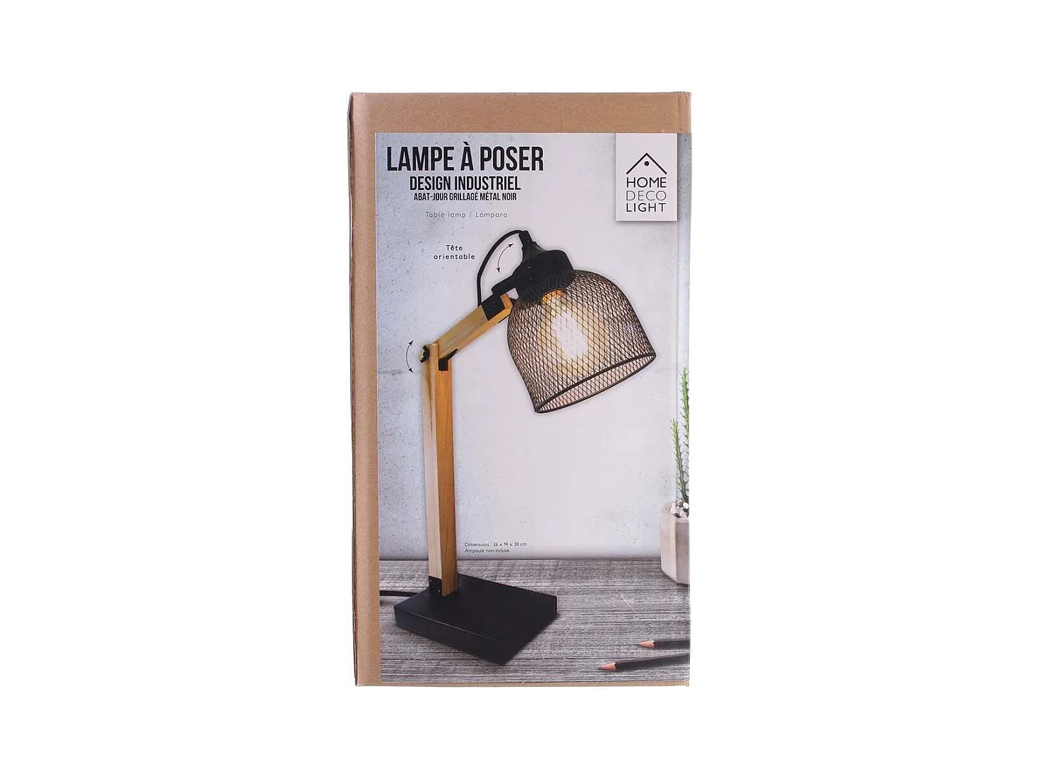 Lampe A Poser Grille Metal Noir Bois Noir, Marron