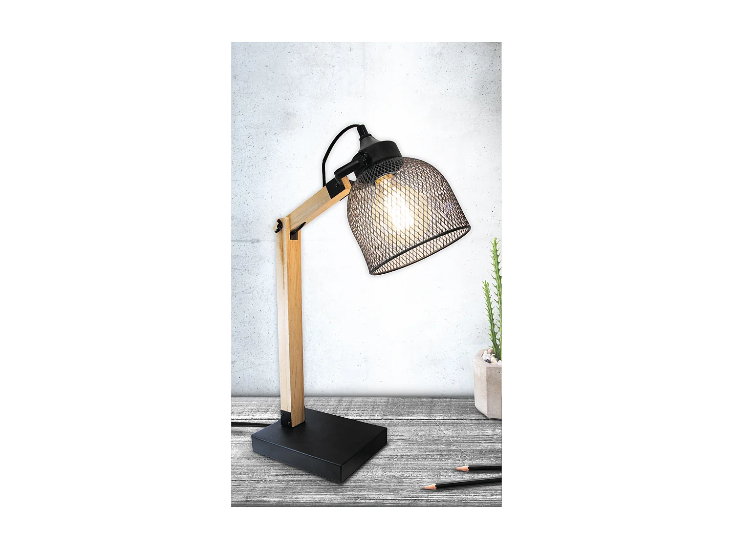 Lampe A Poser Grille Metal Noir Bois Noir, Marron