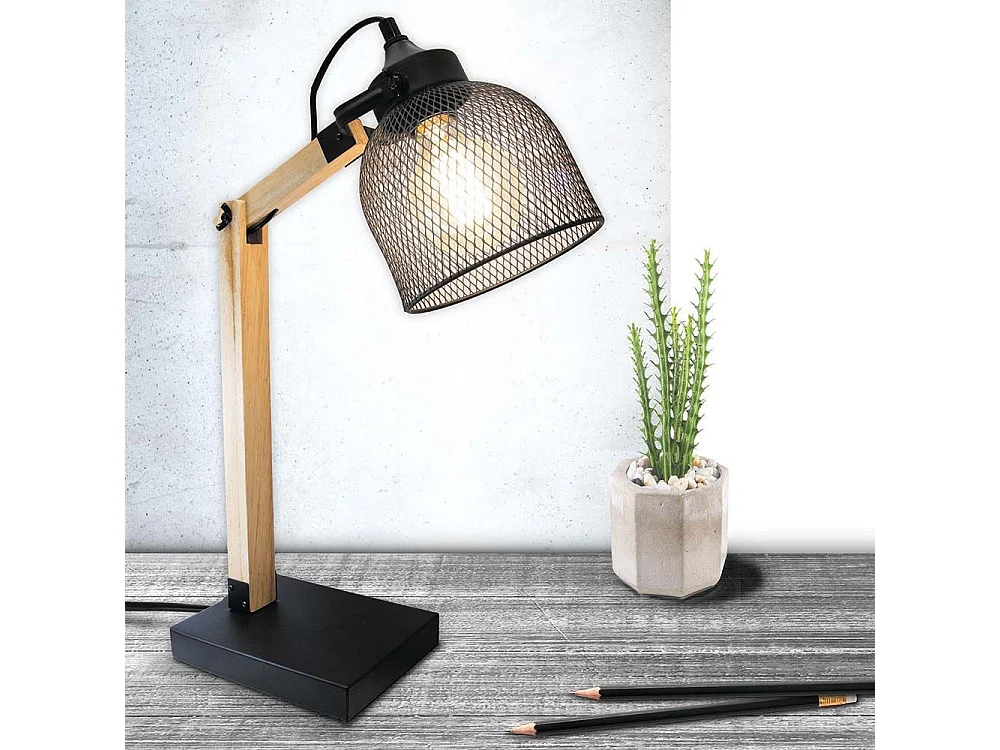 Lampe A Poser Grille Metal Noir Bois Noir, Marron