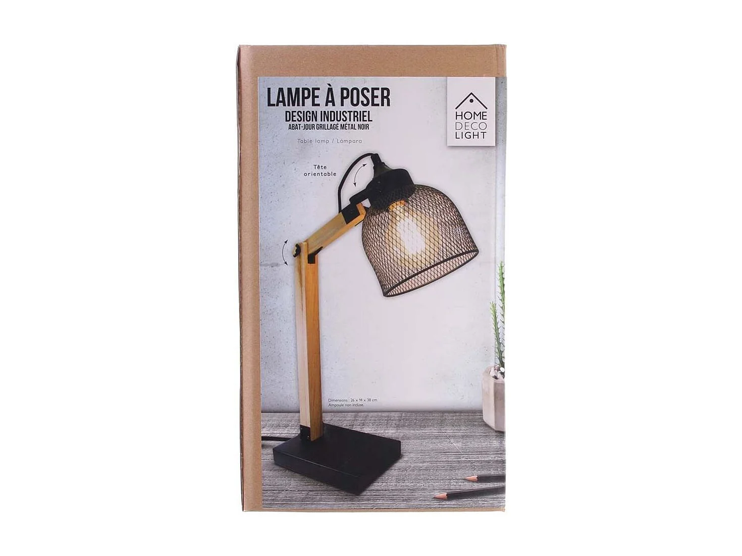 Lampe A Poser Grille Metal Noir Bois Noir, Marron