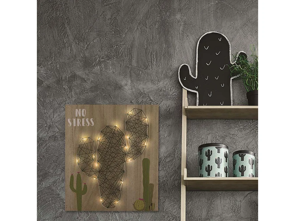 Dekorativer Kaktus auf Grundplatte aus Holz "No stress" 35 cm