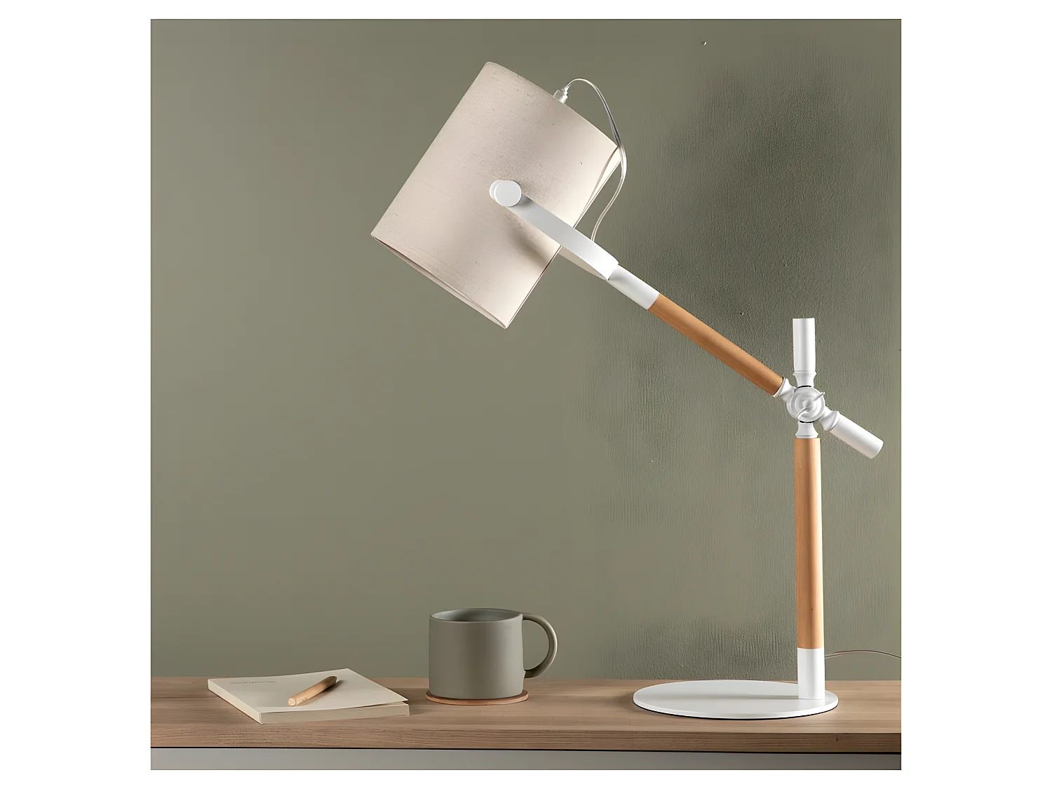 Dennis verlichting tafellamp 50,5x23x66cm stof, staal beige, wit, hout.