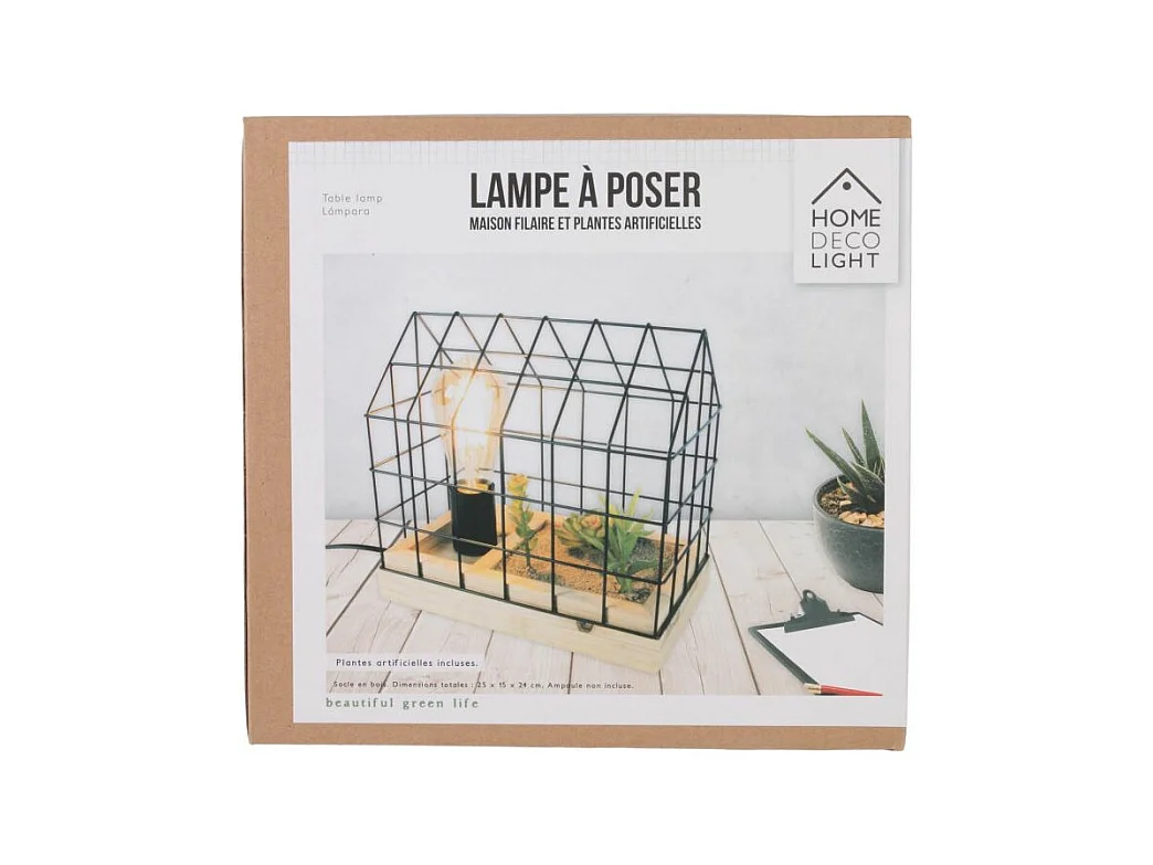 Lámpara de mesa con planta artificial en jaula