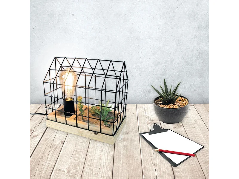 Lámpara de mesa con planta artificial en jaula