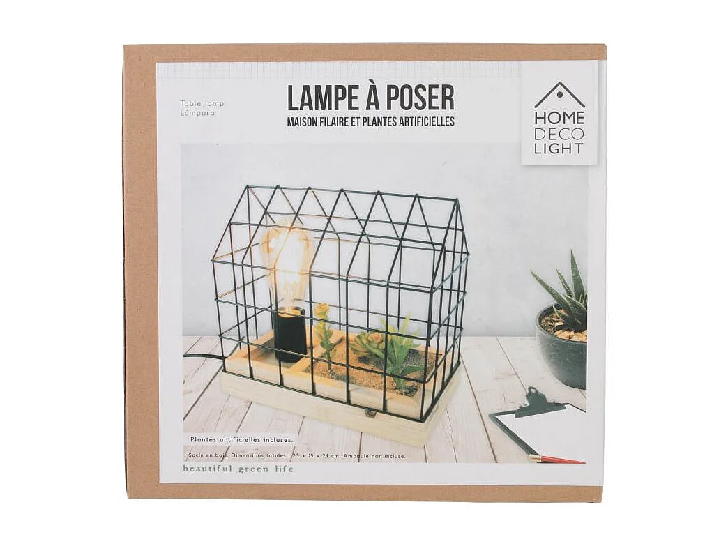 Lámpara de mesa con planta artificial en jaula