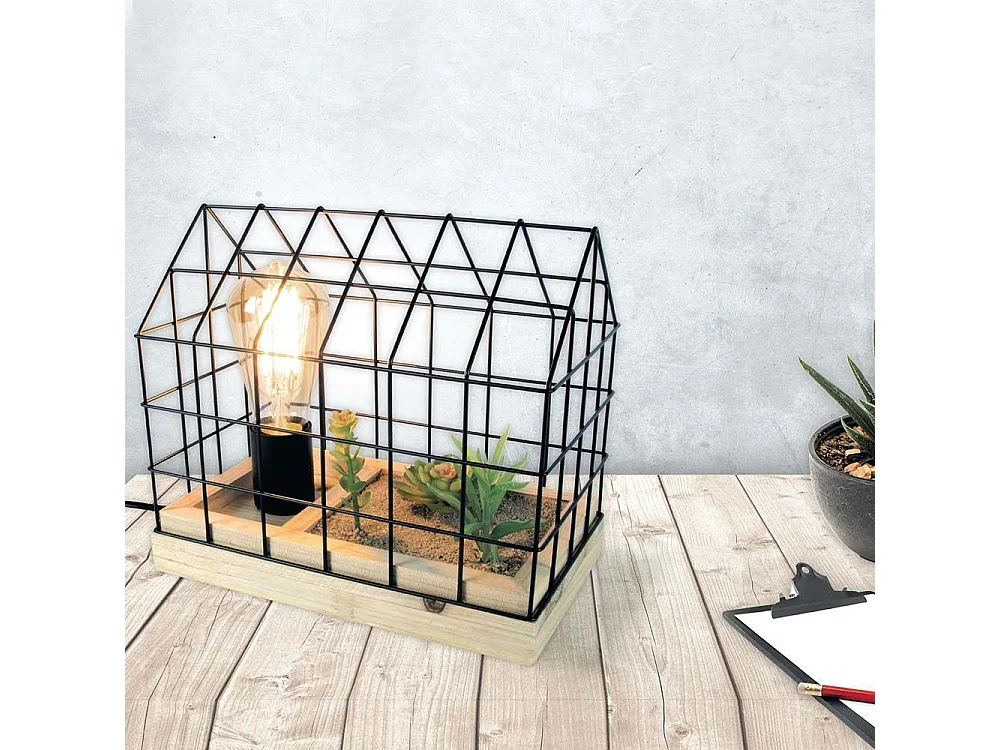 Lámpara de mesa con planta artificial en jaula