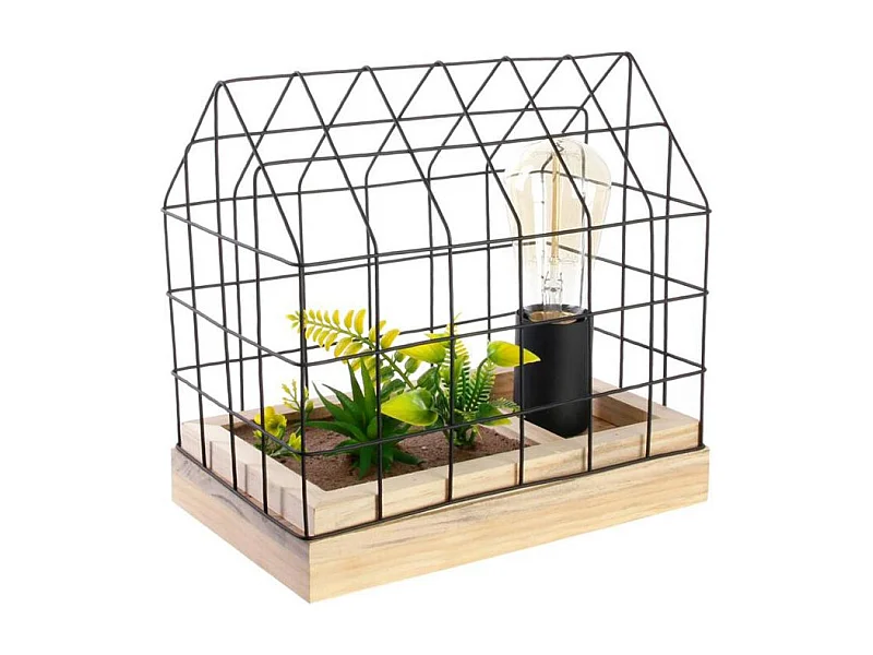 Lámpara de mesa con planta artificial en jaula