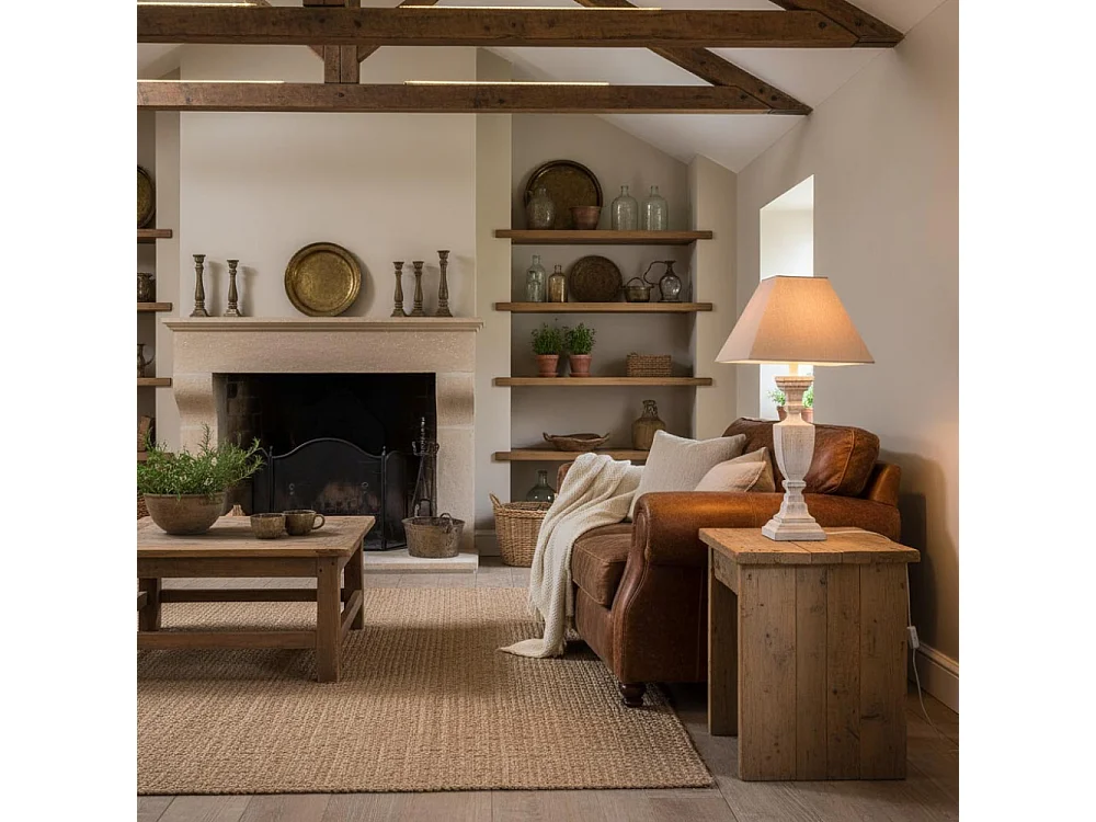 Stehlampe aus Holz und Baumwolle