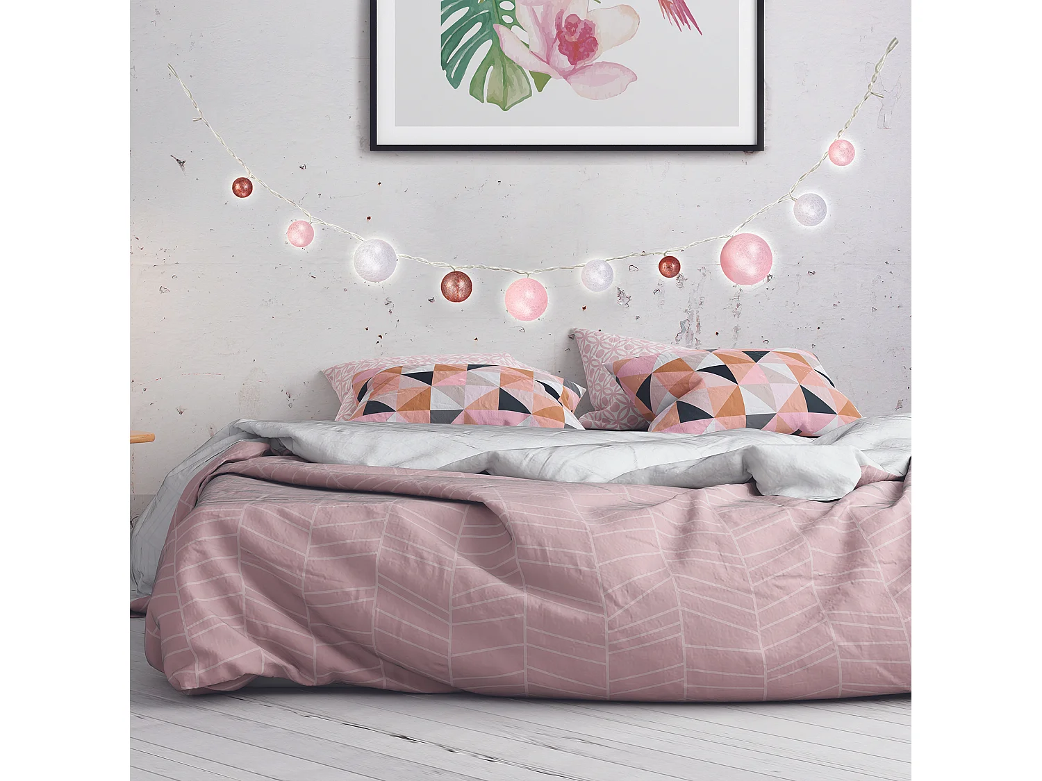 Guirlande Boule 10led Multi-taill Poudre 192cm Blanc, Rose, Marron