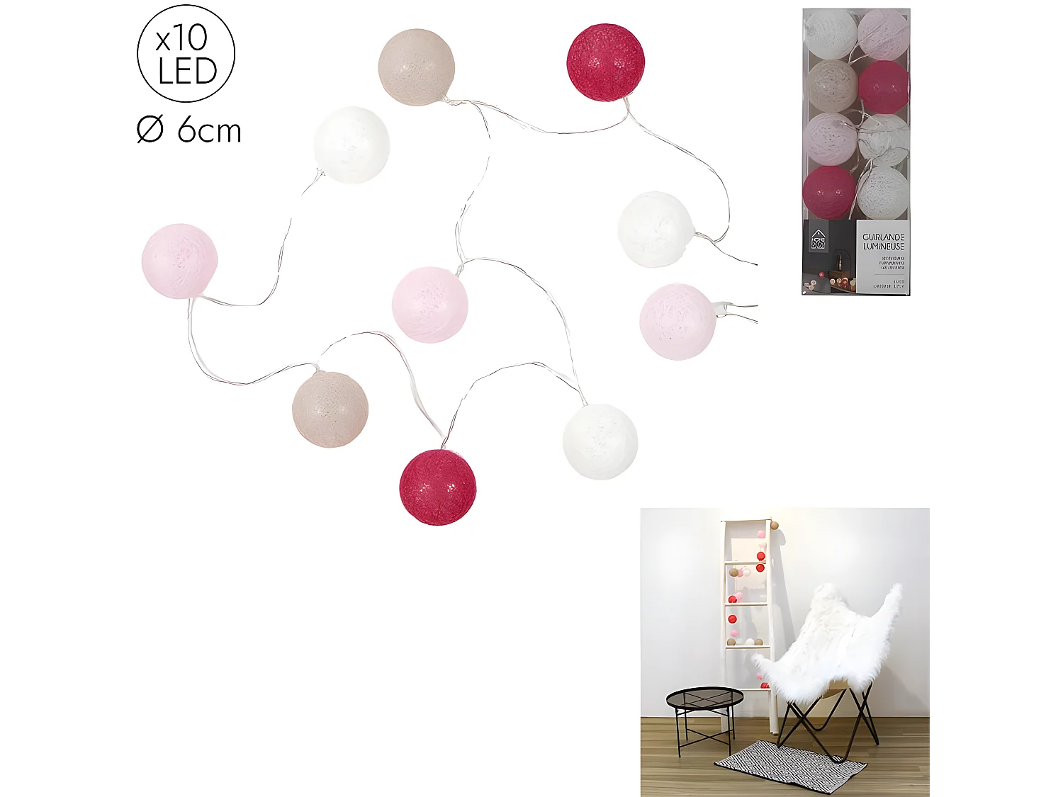 Guirlande Lumineuse à Led "10 Boules" 175cm Rose