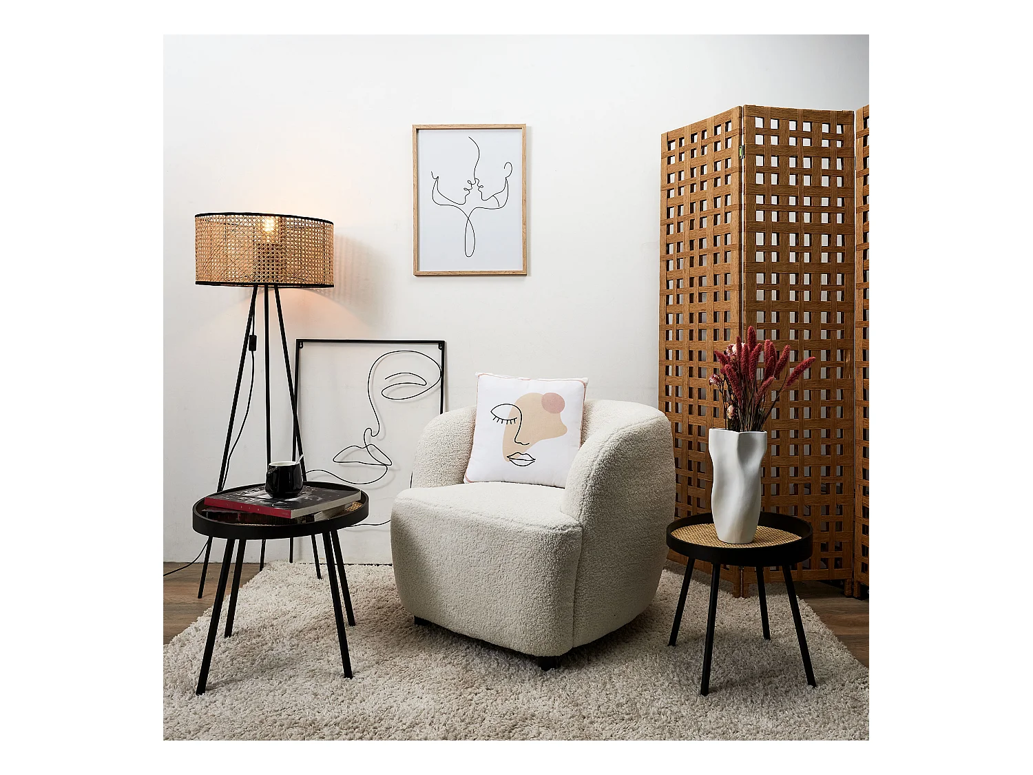 Lampadaire Cannage Noir, Beige