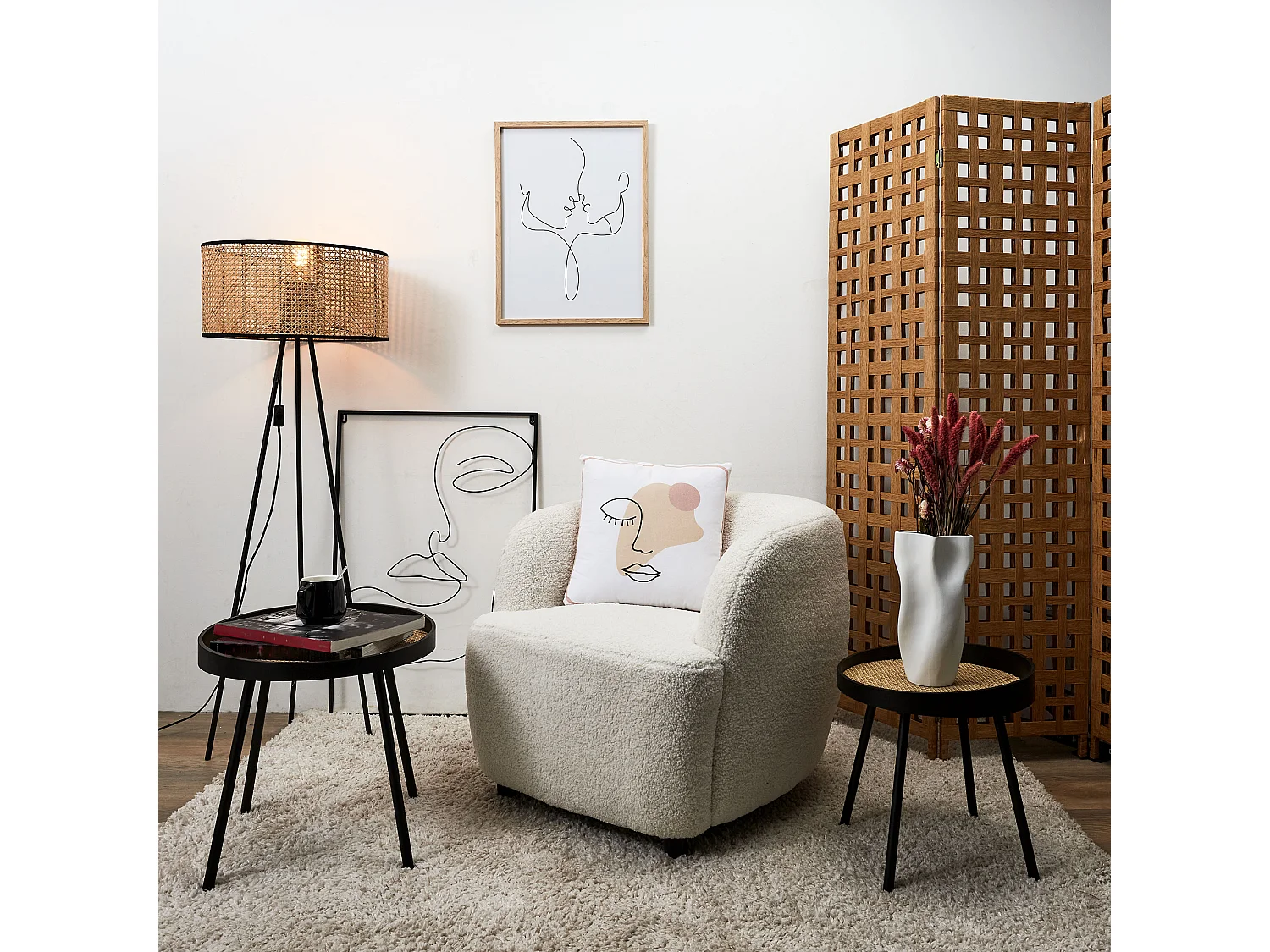 Lampadaire Cannage Noir, Beige