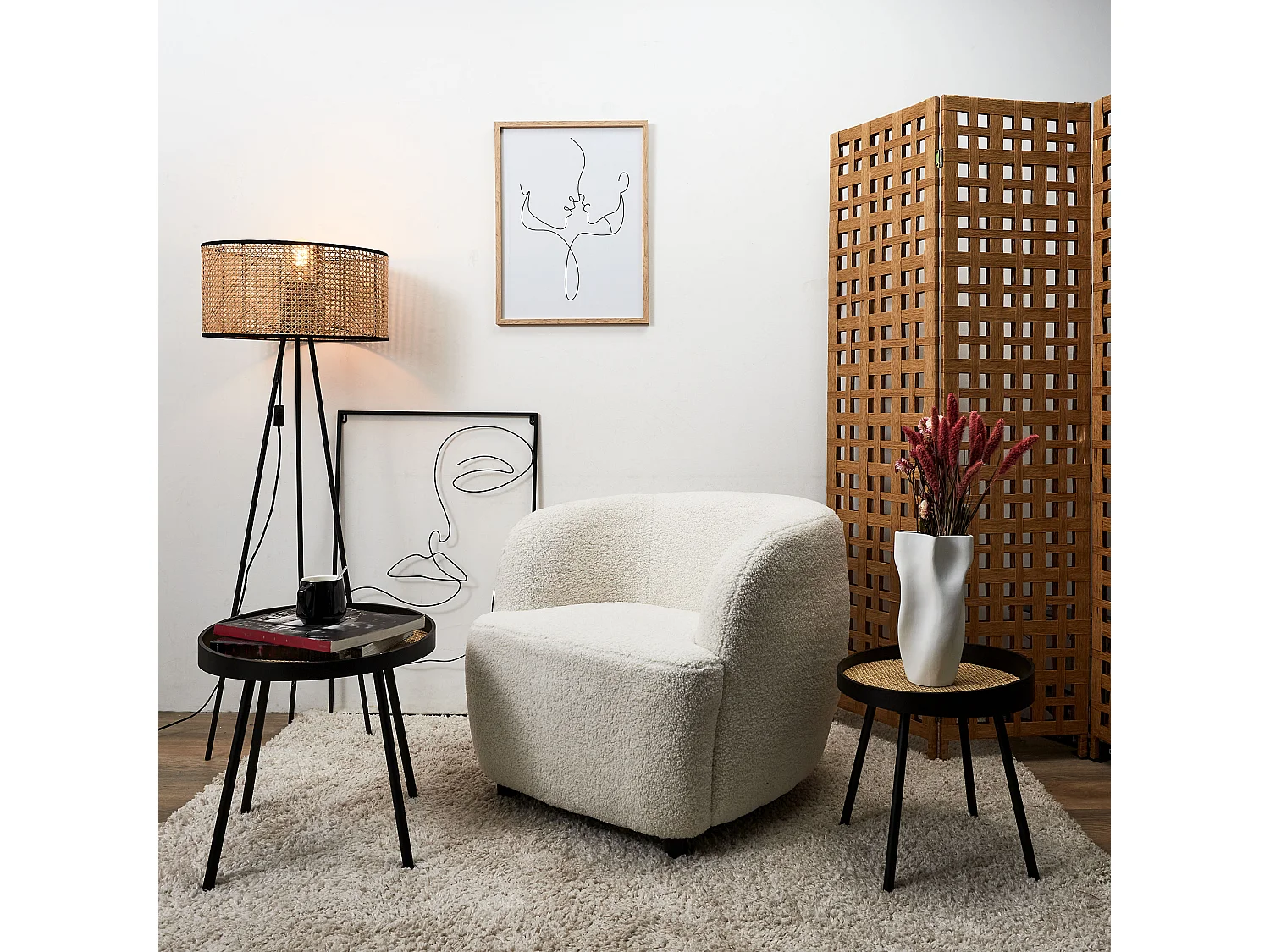 Lampadaire Cannage Noir, Beige