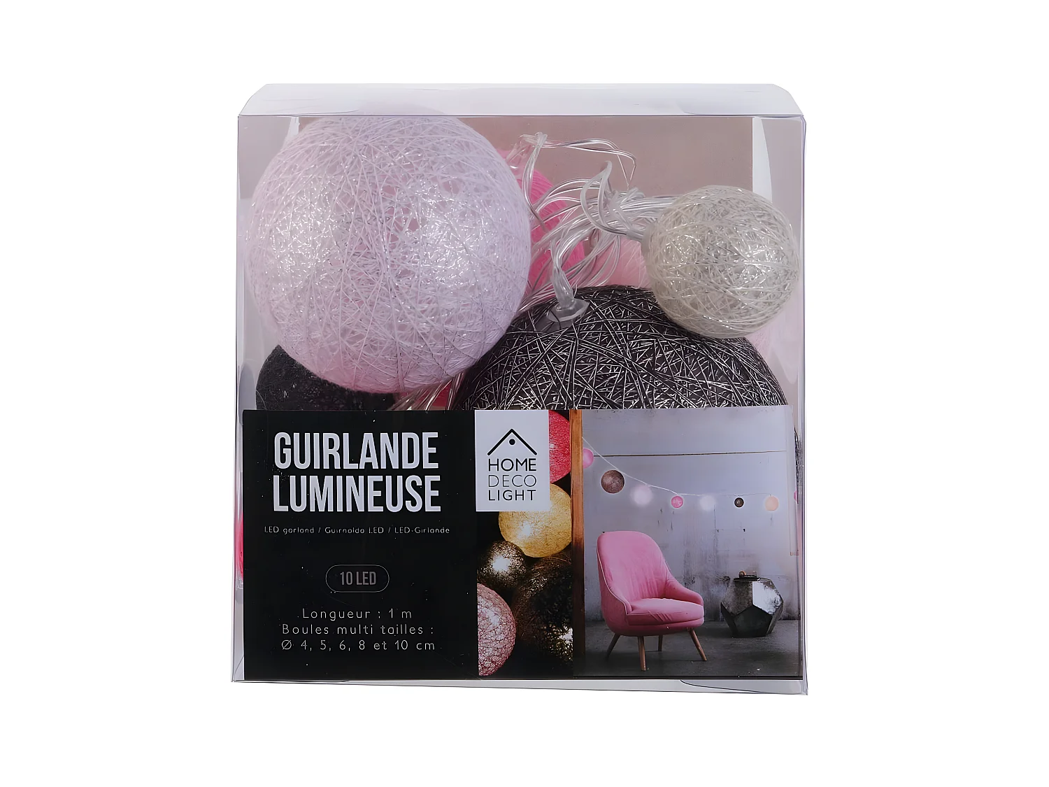Guirlande Boules 10 Led "Multi Taille" 192cm Fushia