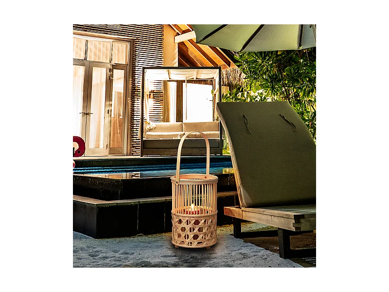 Lanterne Bambou Tresse Et Anse Beige