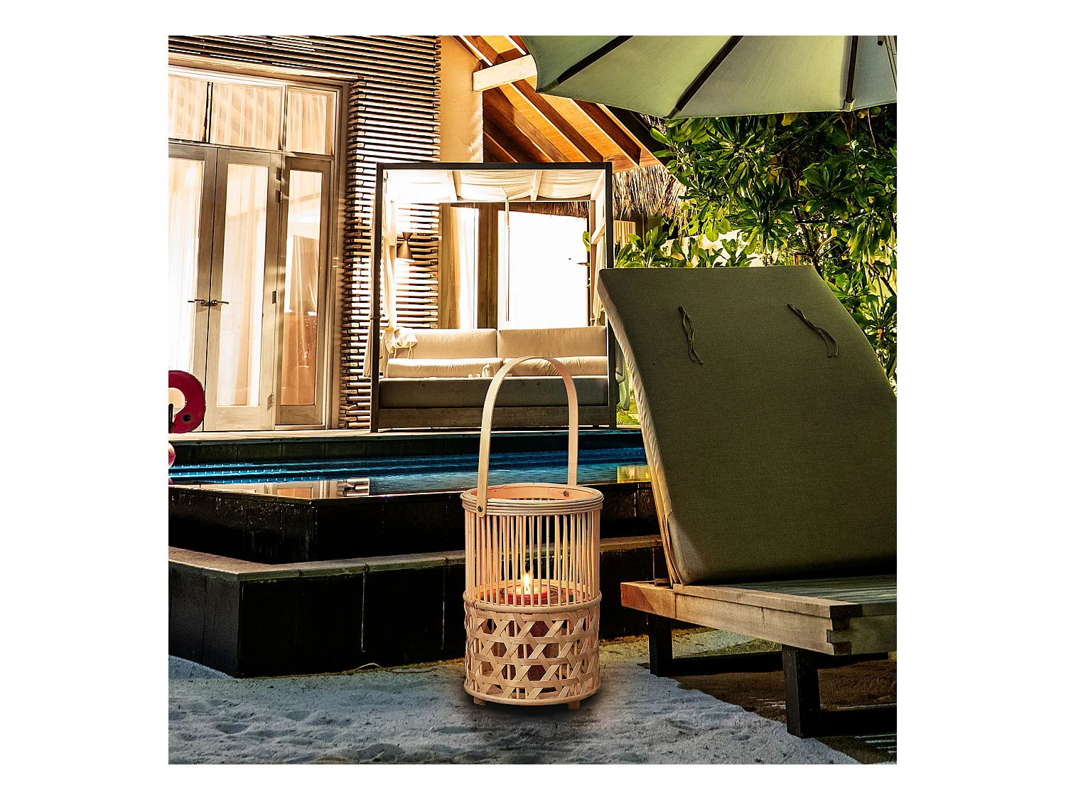 Lanterne Bambou Tresse Et Anse Beige