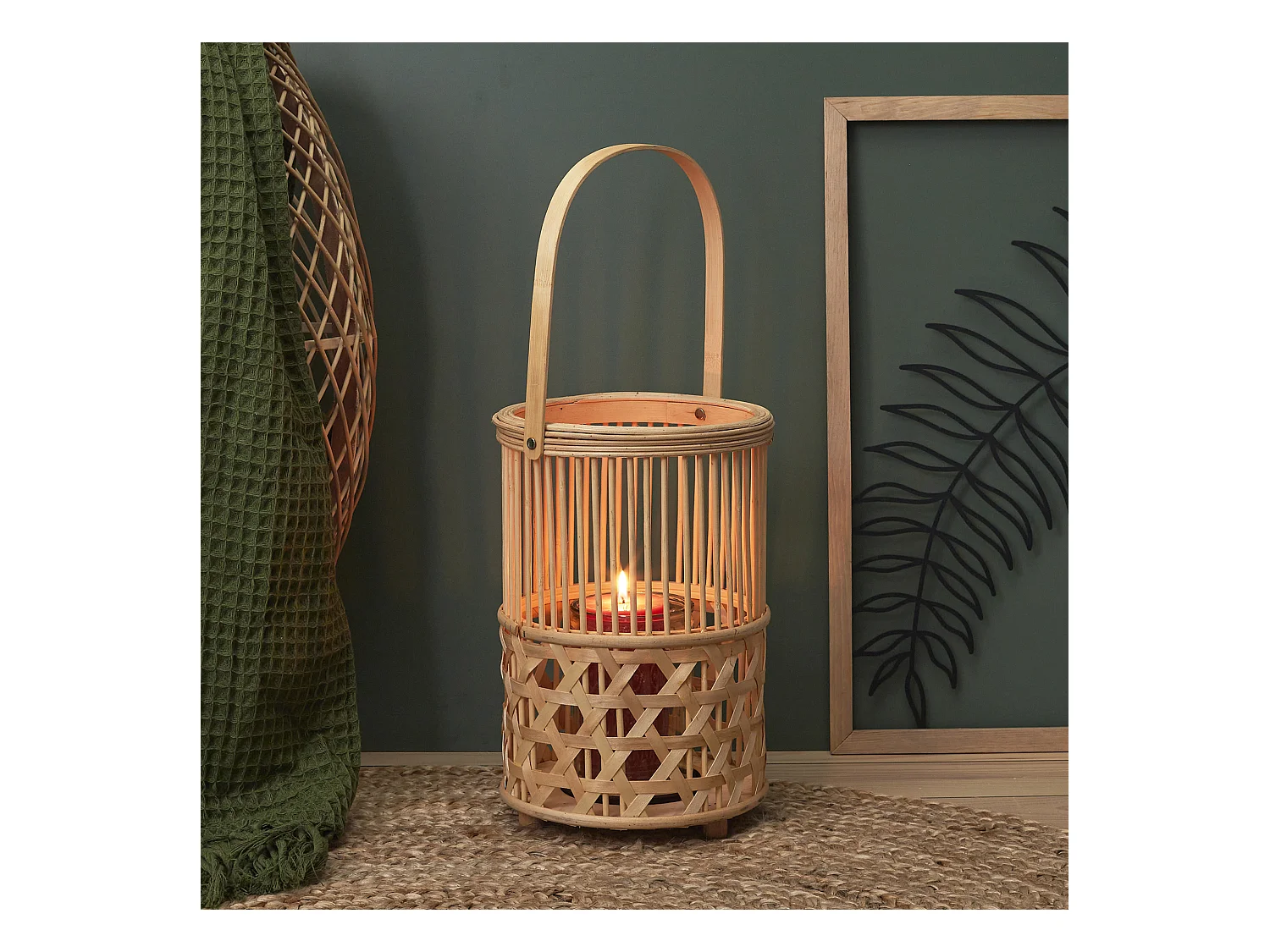 Lanterne Bambou Tresse Et Anse Beige