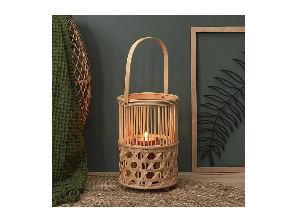 Lanterne Bambou Tresse Et Anse Beige