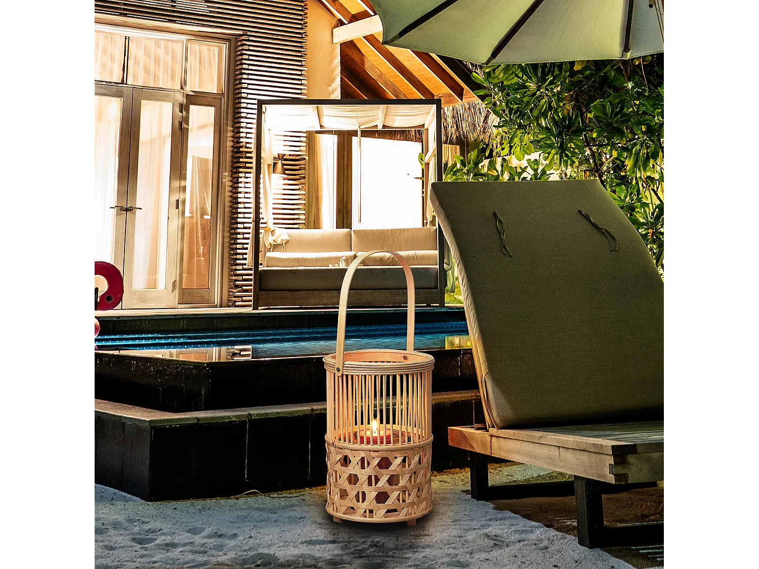 Lanterne Bambou Tresse Et Anse Beige