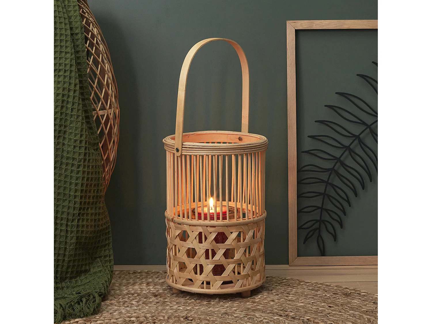 Lanterne Bambou Tresse Et Anse Beige