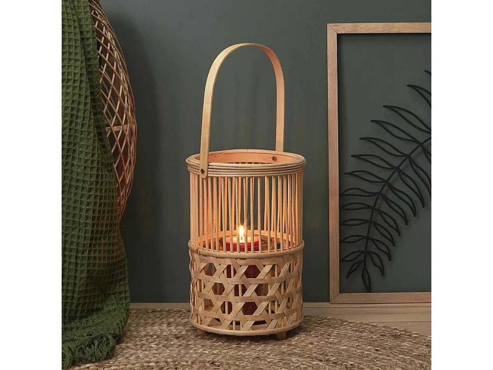 Lanterne Bambou Tresse Et Anse Beige