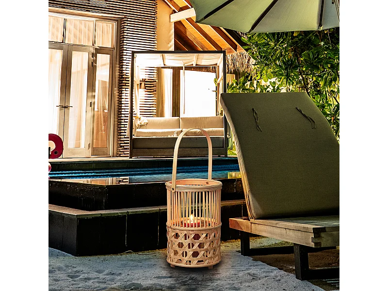 Lanterne Bambou Tresse Et Anse Beige