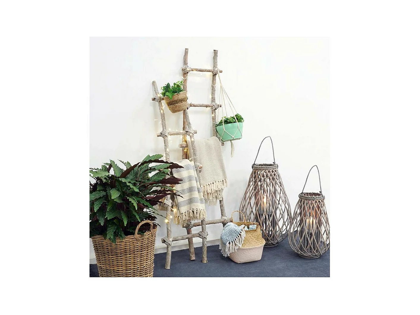 Lanterne goutte en osier gris et verre Hauteur 65 cm