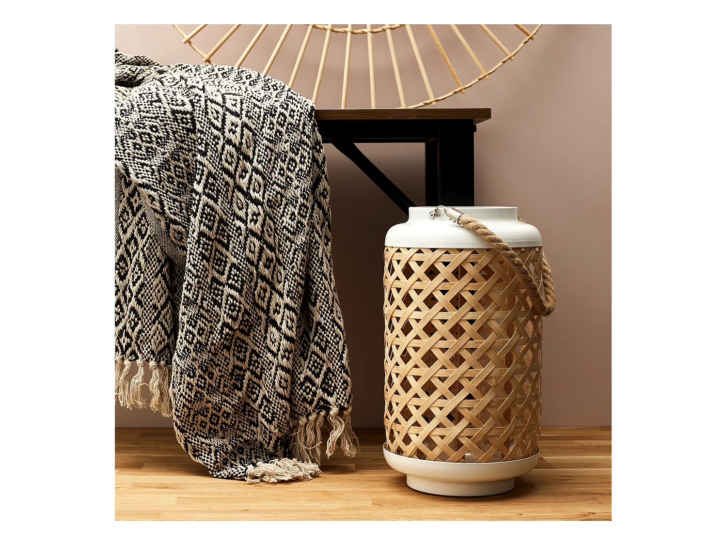 Lanterne Tressee Blanc H38.5cm Beige, Blanc