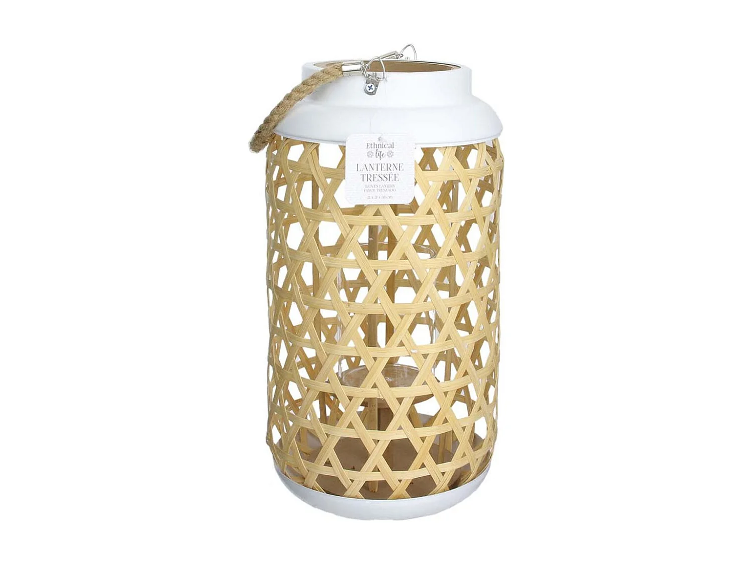 Lanterne Tressee Blanc H38.5cm Beige, Blanc