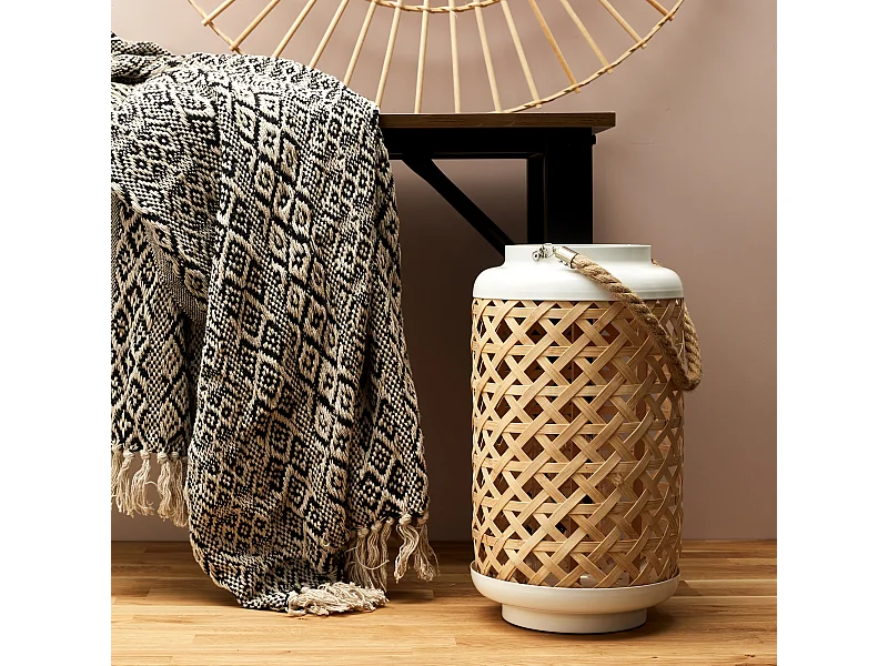 Lanterne Tressee Blanc H38.5cm Beige, Blanc