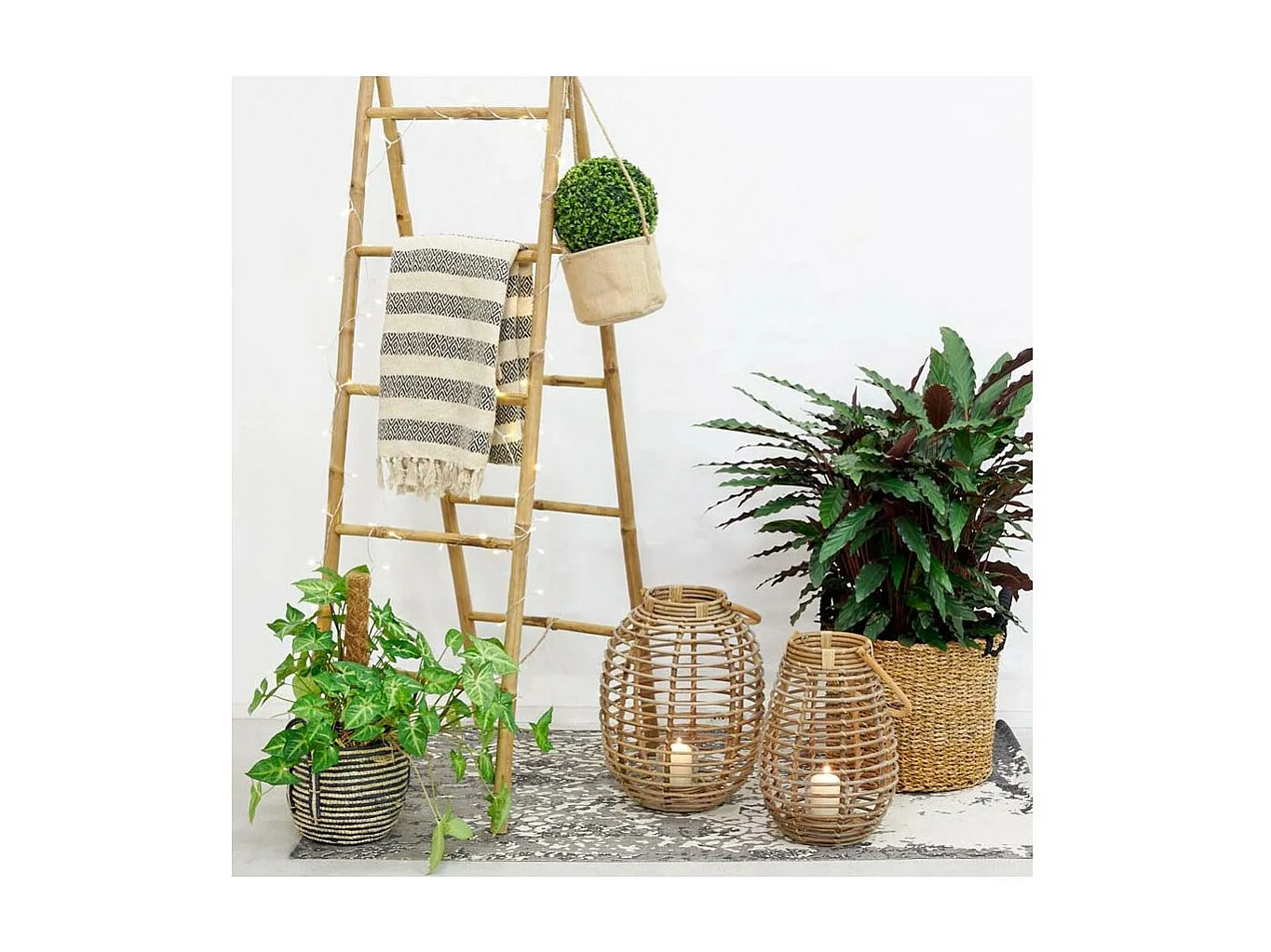 Laterne aus grauem Poelet-Rattan und Glas