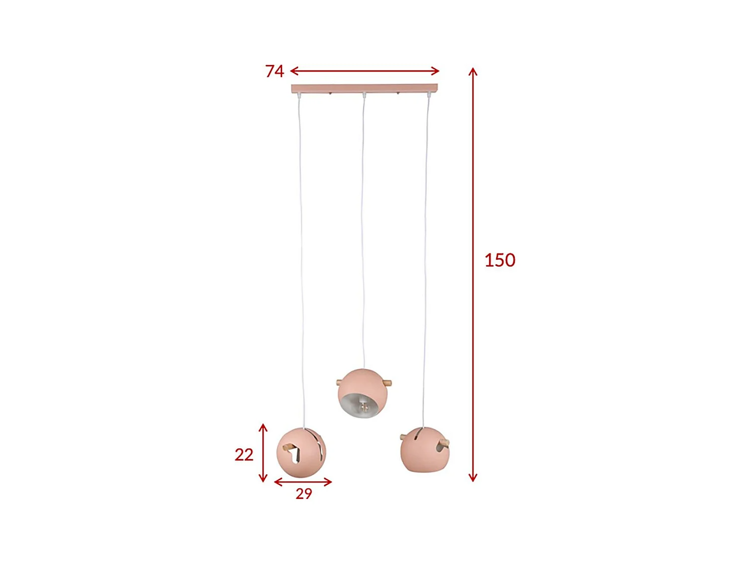 Lampe Suspension Design 3 Lampes "Tubbie" 73cm Rose Poudré