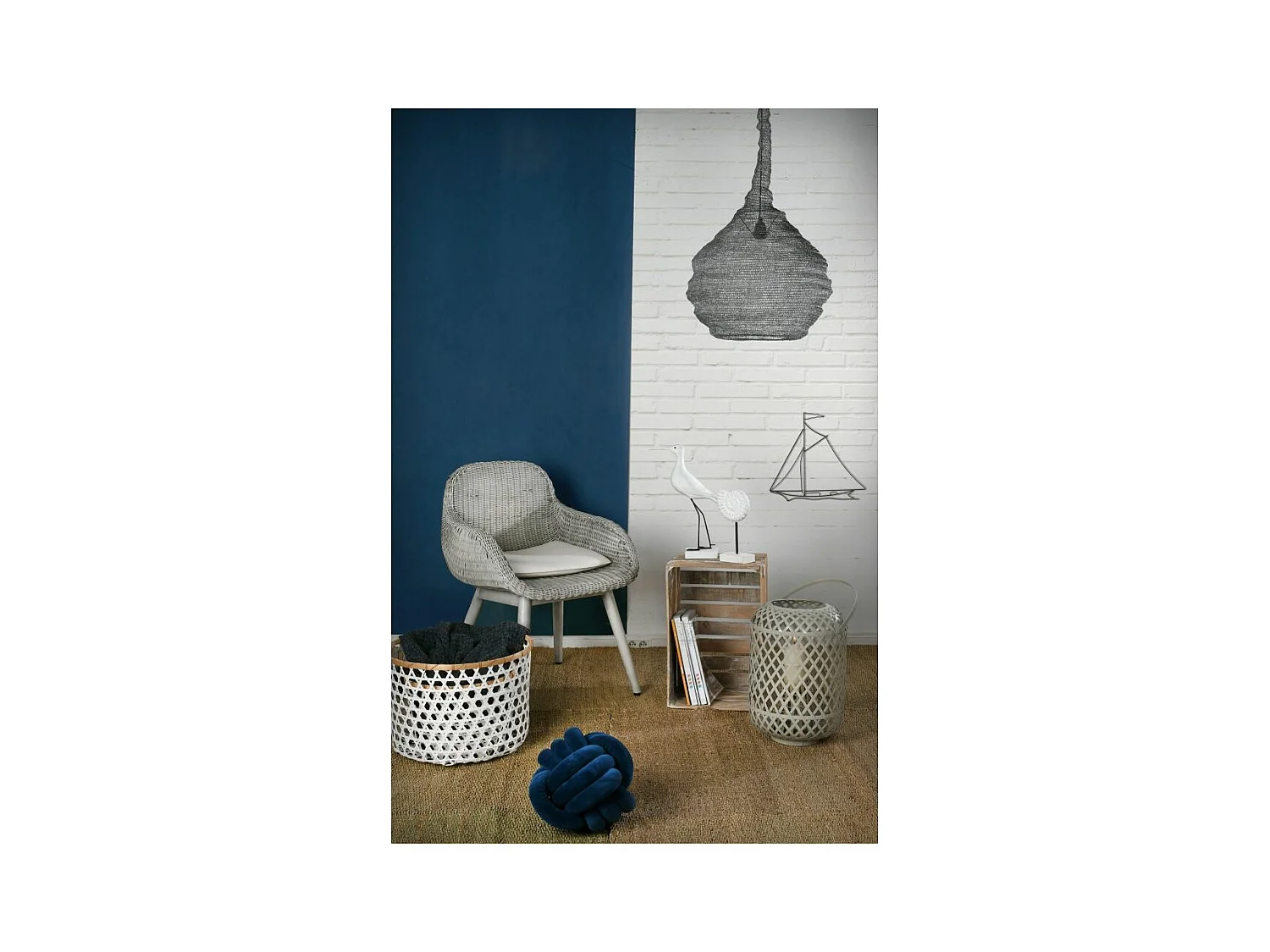 Lampe suspension métal gris blanchi filet de pêche Diamètre 47cm