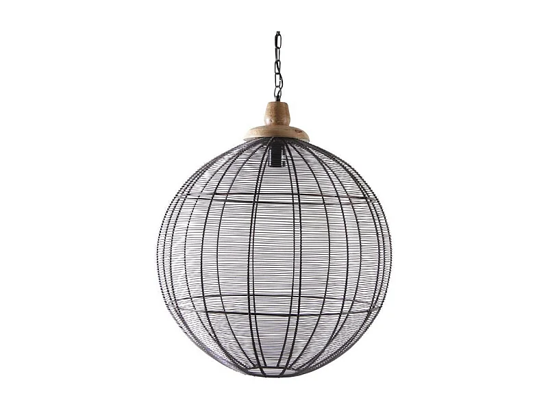 Lampe suspension en métal laqué gris et bois Boule