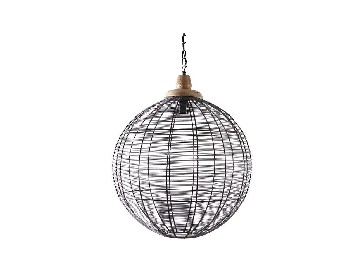 Lampe suspension en métal laqué gris et bois Boule