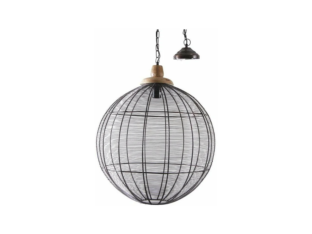 Lampe suspension en métal laqué gris et bois Boule