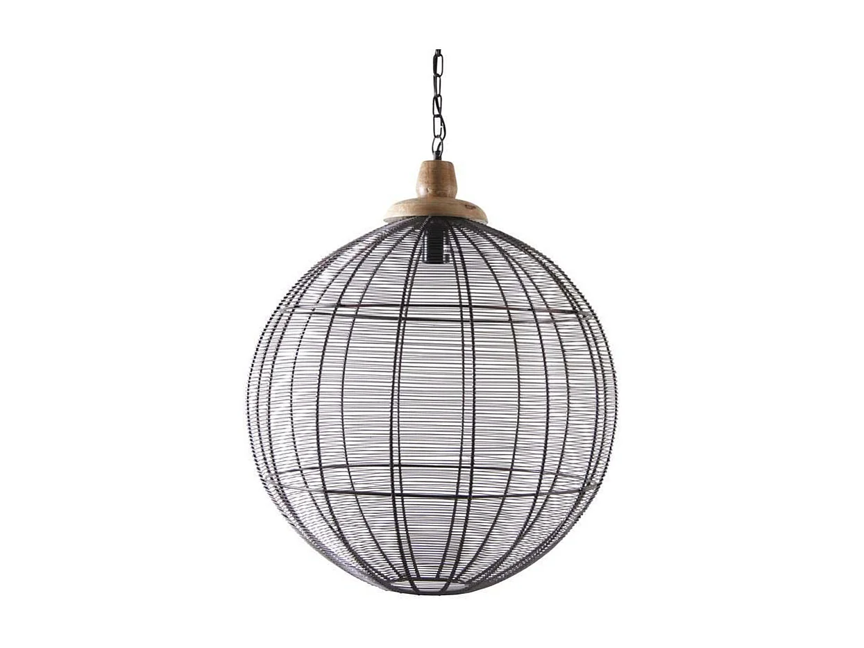 Lampe suspension en métal laqué gris et bois Boule