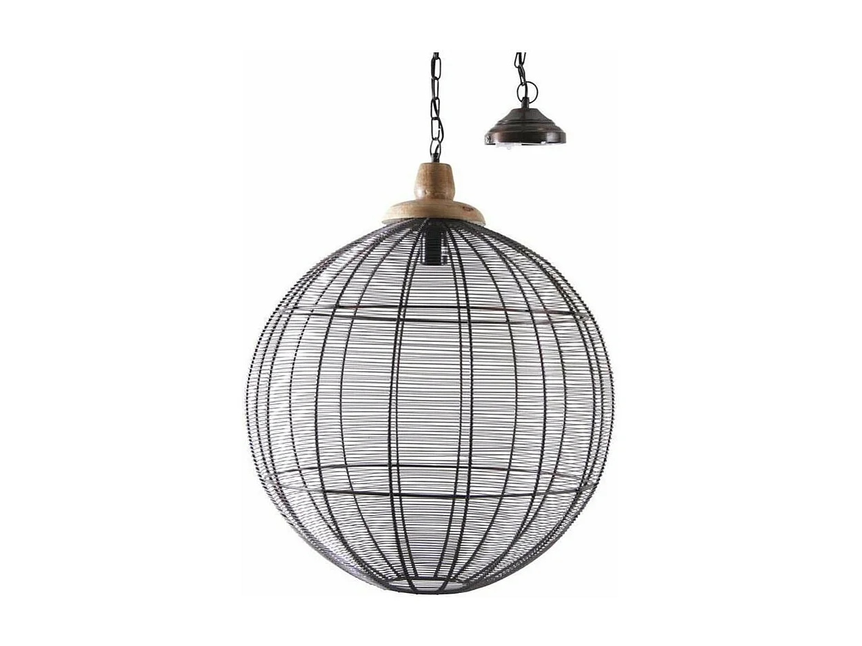 Lampe suspension en métal laqué gris et bois Boule