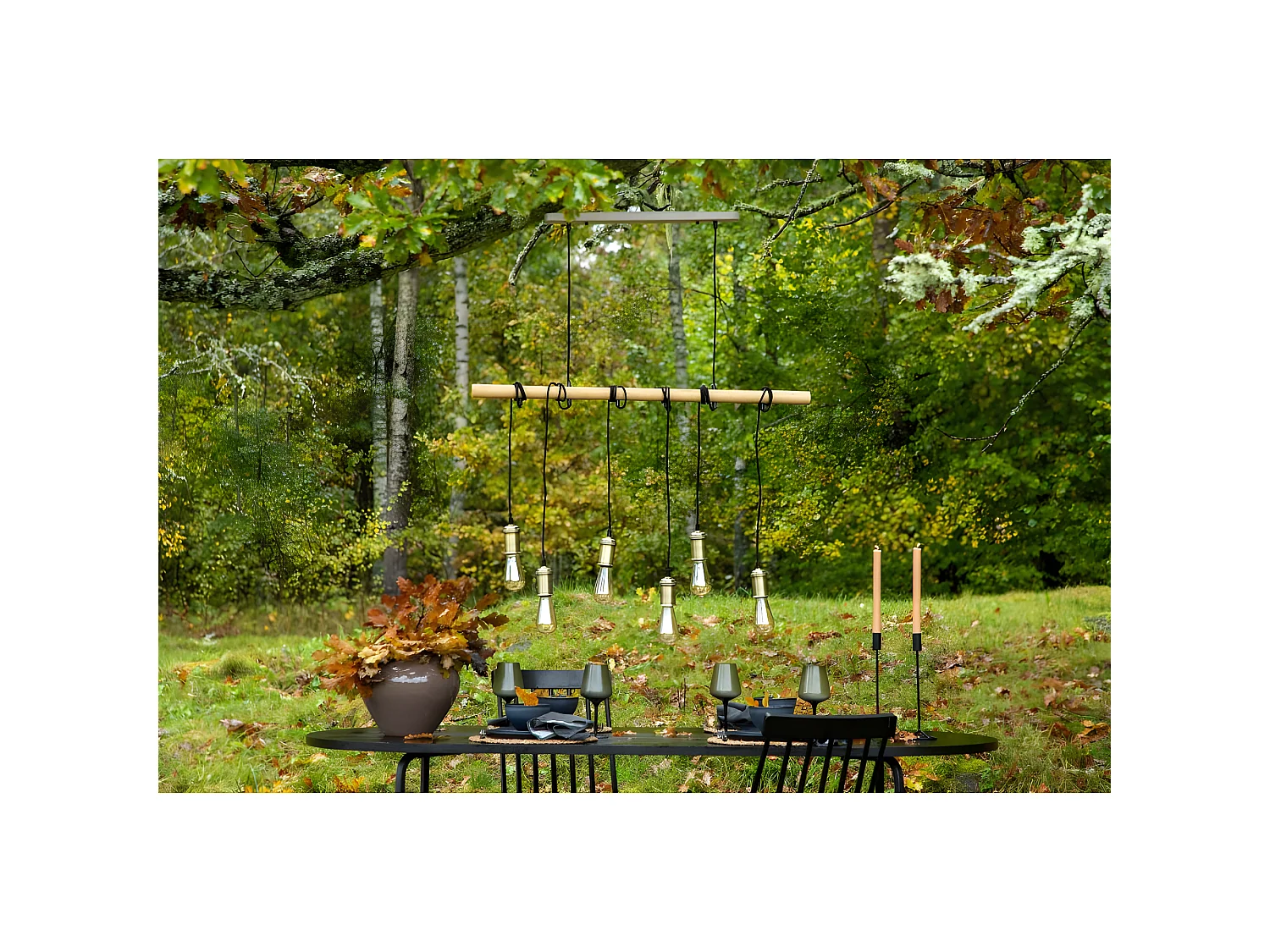 Fall verlichting hanglamp 110x4,5x144cm staal zwart, messing, hout.