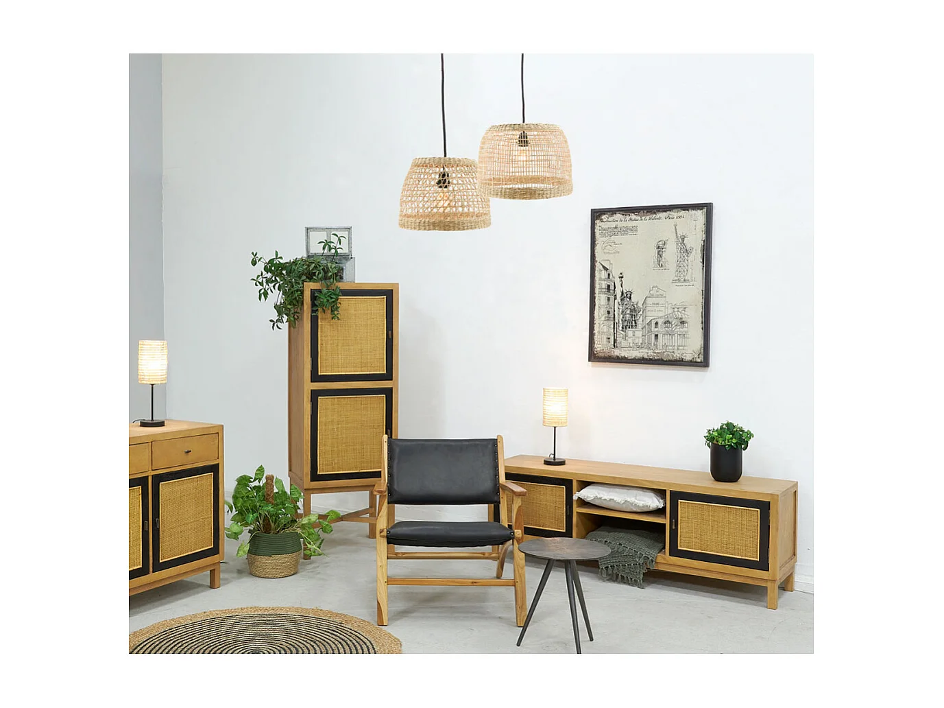 Abat-jour pour suspension rond en jonc naturel ajouré Diamètre 38cm