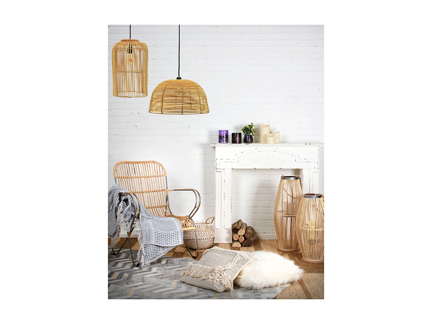 Abat-jour rond pour suspension en rotin naturel ajouré Hauteur 20cm